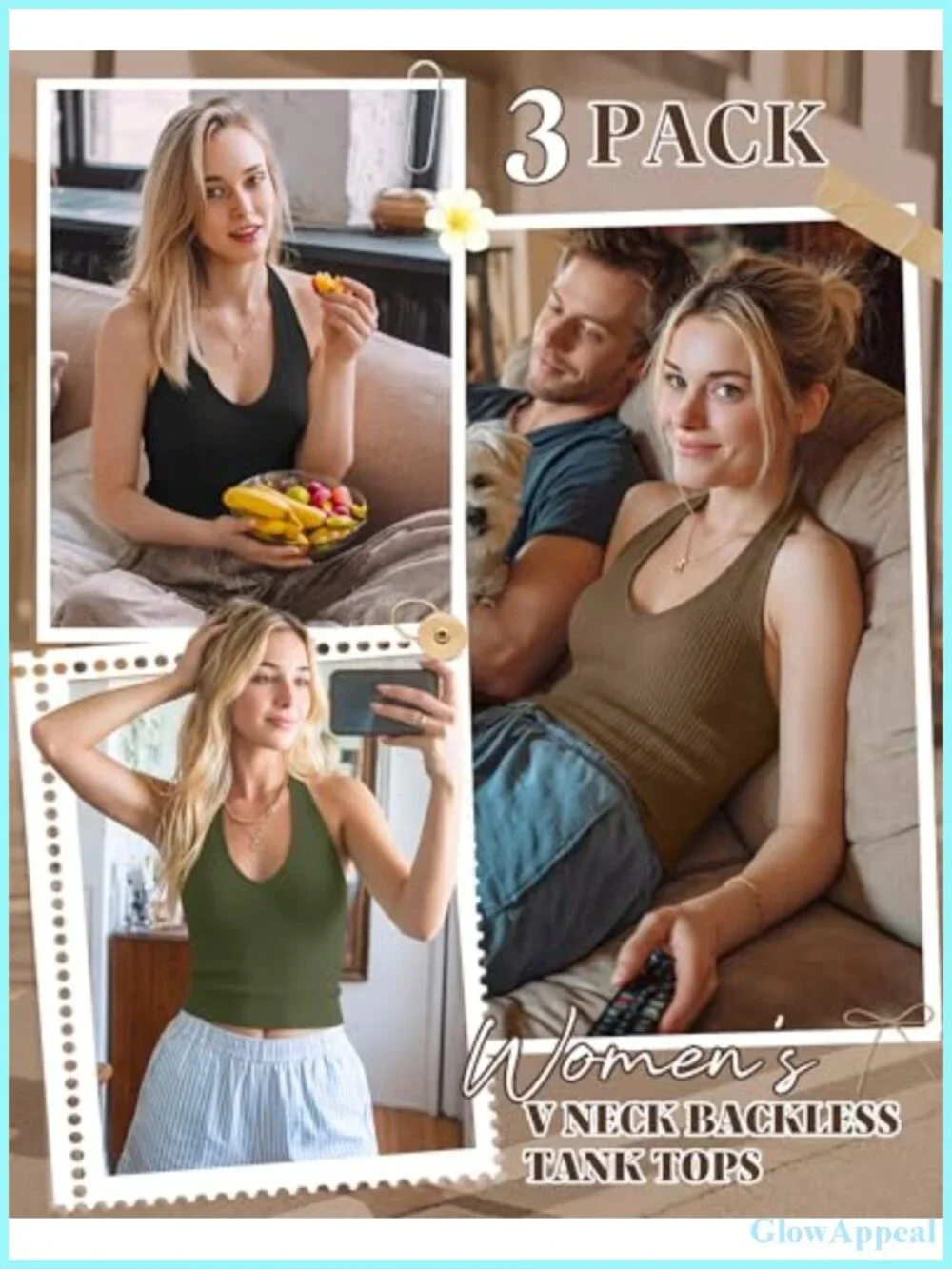 3 Pack Halter Cotton Tank Tops V Neck Cami Shirts Ribbed Sleeveless Summer Y2K